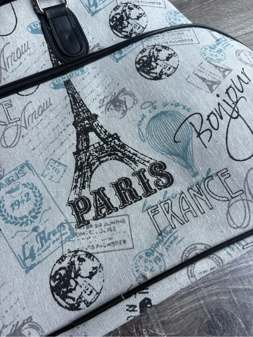 Paris Print Travel Weekender Bag in Light Gray and Black